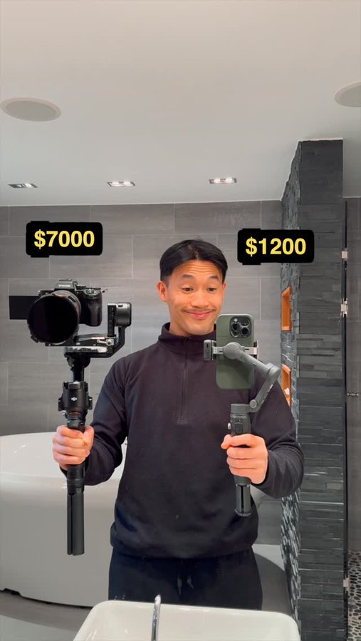 Instagram post by @huyrebel for DJI. Caption reads: $7000 vs $1200 indoor filming setup — guess which....