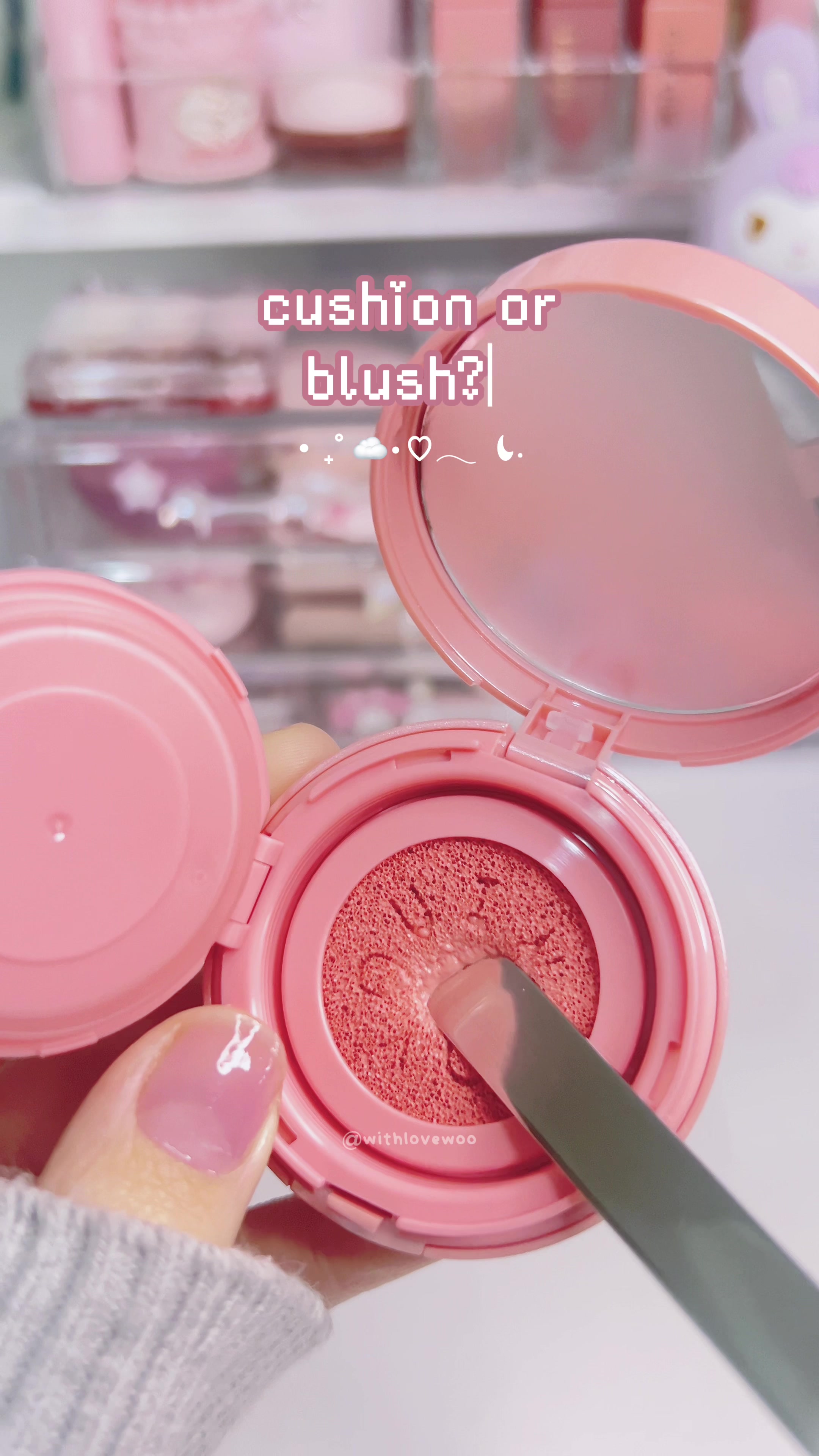 TikTok post by @withlovewoo for INTO YOU. Caption reads: cushion or blush?? ‧₊˚ ☁️⋅♡𓂃 ࣪ ִֶָ☾. into you air....
