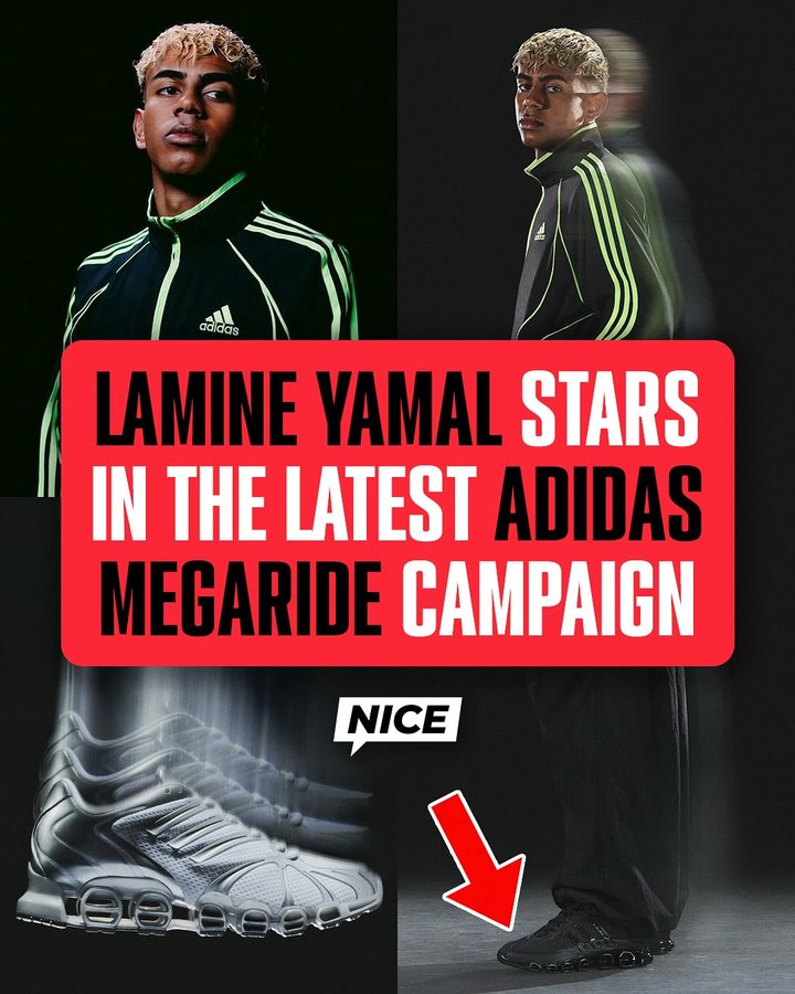 Instagram post by @blaugrana for Nice Kicks. Caption reads: Superstar footballer Lamine Yamal stars in the....