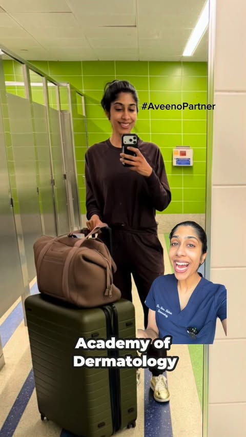 Instagram post by @dermatologysurgeon for Aveeno. Caption reads: #aveenopartner Come with me to the #AAD2026 in....