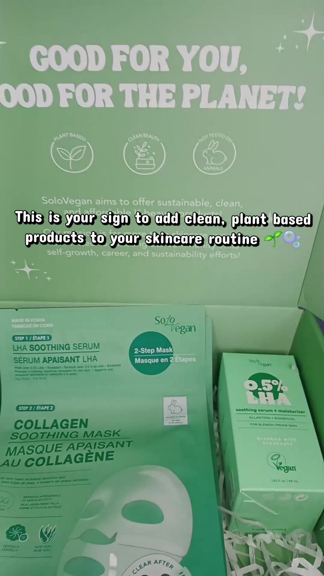 TikTok post by @maribelalmanza_ for SoloVegan. Caption reads: @SoloVegan Skincare is suitable for all skin types....