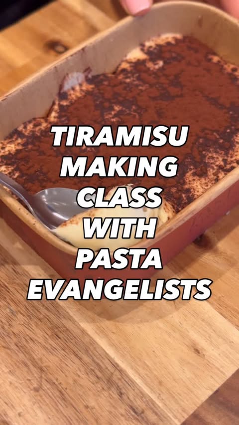 Instagram post by @mga.eats for Pasta Evangelists. Caption reads: 💌 | Tiramisu making class at Pasta Evangelists -....