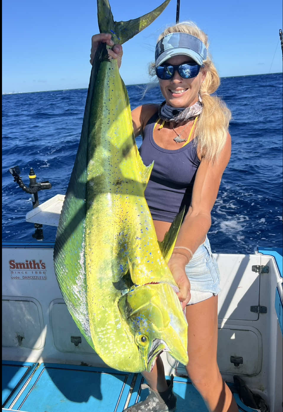 TikTok post by @darcizzleoffshore for Piscifun. Caption reads: Mahi attack! Check out the @Piscifun Fishing reel....