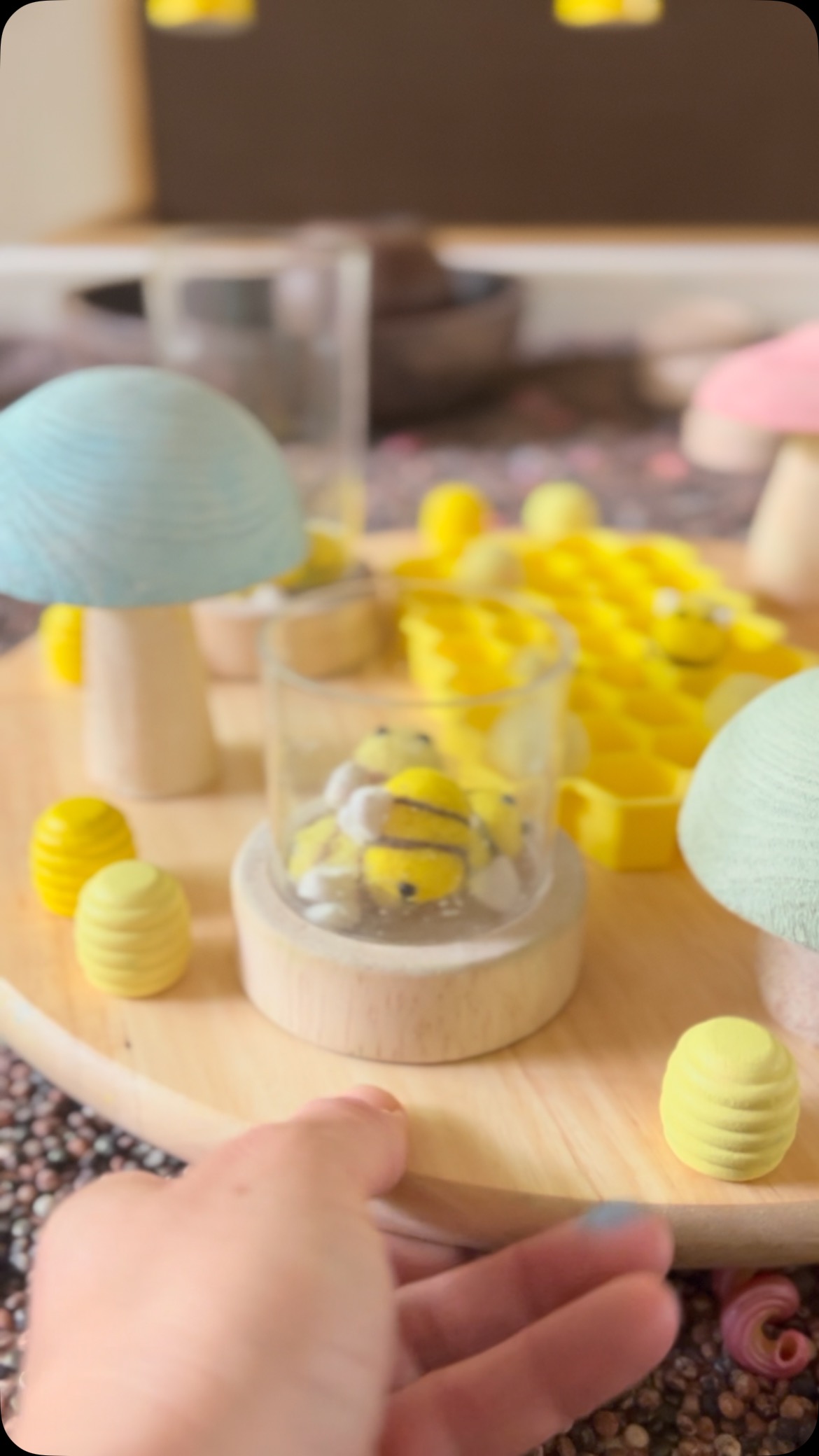 Instagram post by @popartkids for Guidecraft. Caption reads: What’s in the bin? Felt bees, painted pearled....