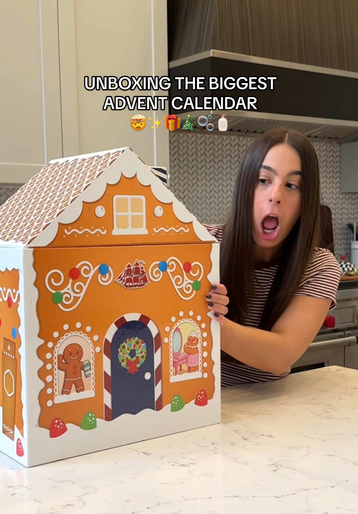 TikTok post by @sheshortsweet for BÉIS Travel. Caption reads: A 20 POUND ADVENT CALENDAR?!?! 😭✨🎁🎄🗓️ OMG DAY....