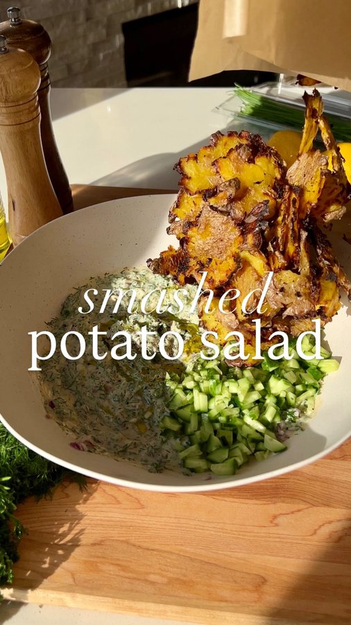 Instagram post by @plantyou for Icelandic Provisions. Caption reads: 🥔TZATZIKI SMASHED POTATO SALAD with my favorite....