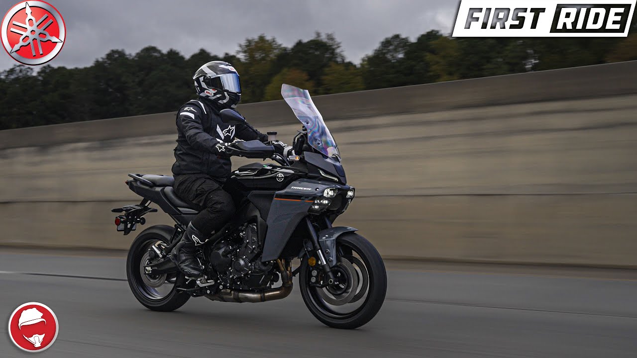 YouTube post by @chaseontwowheels for CHIGEE. Caption reads: 2025 Yamaha Tracer 9 | First Ride.