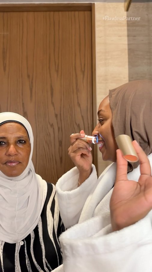 Instagram post by @ayshaharun for Finishing Touch Flawless. Caption reads: Brought my little beauty sidekick with me to....