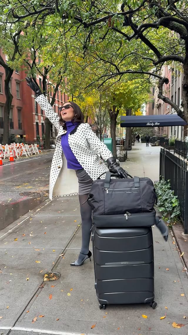 Instagram post by @natgawd for SAMSONITE. Caption reads: [...] the plane, train, or automobile —....