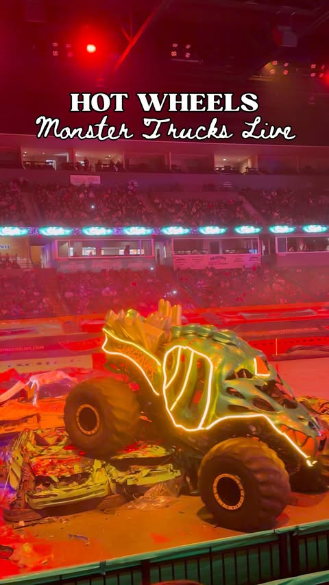Instagram post by @itsabbysworldafterall for Hot Wheels. Caption reads: Hot Wheels Monster Trucks Live: Glow-N-Fire is in....