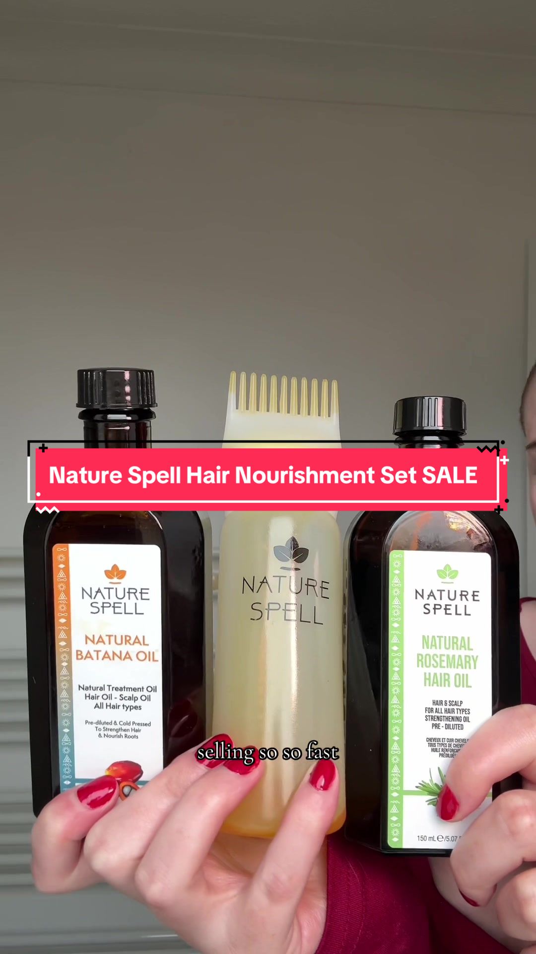 TikTok post by @lizfindsdeals for Nature Spell. Caption reads: Replying to @Liz🦎 I use the hair nourishment set....
