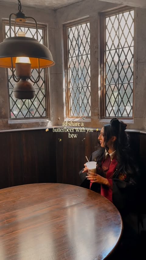 Instagram post by @mischiefbymonica for Universal Studios Hollywood. Caption reads: pov: you & me at hogsmeade 🏰🍻⚡️ Send this to....