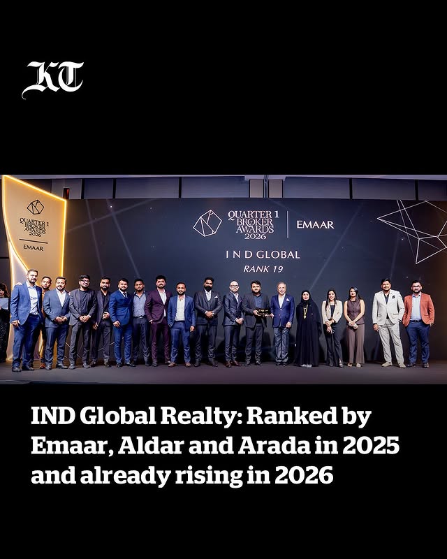 Instagram post by @indglobalrealty for Khaleej Times. Caption reads: [...] #UAERealEstate #TopBrokerage #KhaleejTimes⁠....