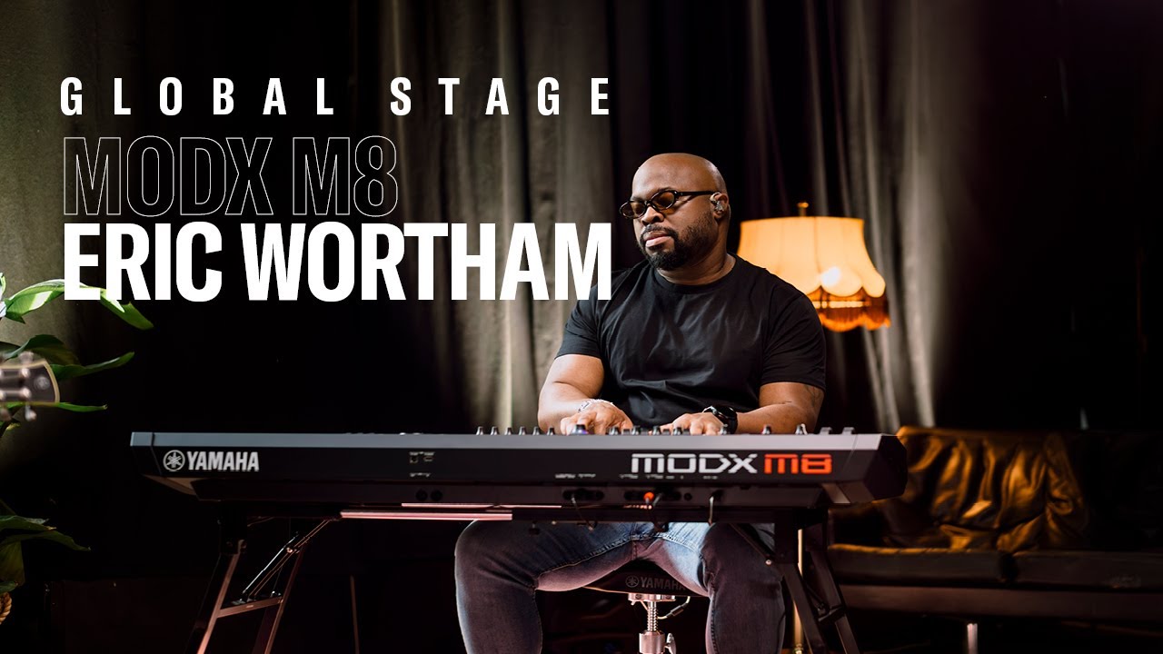 YouTube post by @YamahaSynthsOfficial for Yamaha. Caption reads: Yamaha Global Stage | MODX M8 | Eric Wortham [...].