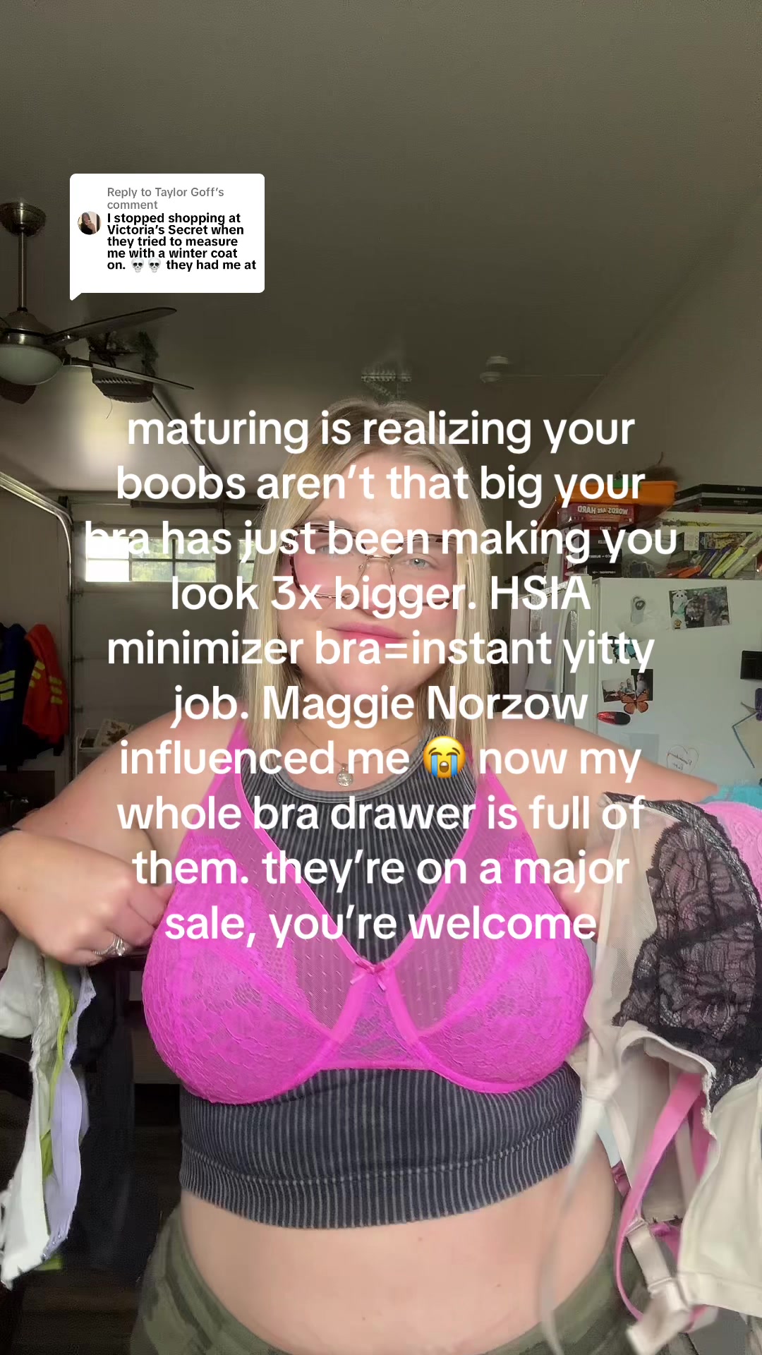 TikTok post by @reagsrobertson3 for HSIA Lingerie. Caption reads: Replying to @Taylor Goff @Hsia-Bras #hsiabra #bra....