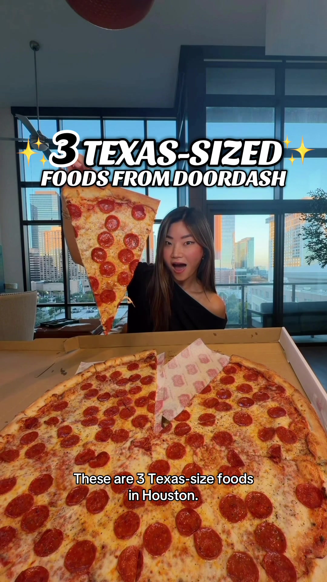 TikTok post by @texaseatsfirst for DoorDash. Caption reads: ✨3 𝙏𝙀𝙓𝘼𝙎-𝙎𝙄𝙕𝙀𝘿 𝙁𝙊𝙊𝘿𝙎 𝙊𝙍𝘿𝙀𝙍𝙀𝘿....