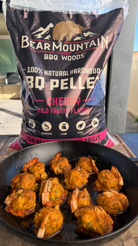 Instagram post by @cooking_with_fire___ for Bear Mountain BBQ. Caption reads: [...] Shrimp 🦀🍤 | Big Game MVP App....