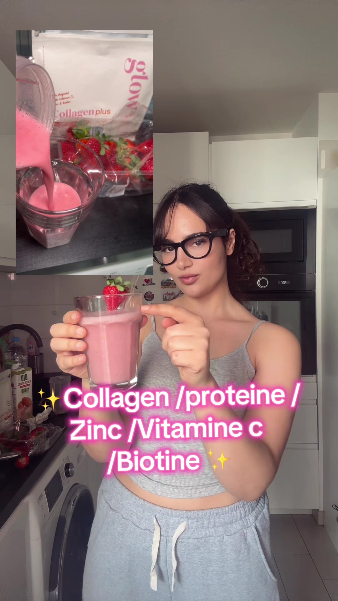 TikTok post by @mymy.zenn for Glow25. Caption reads: @glow25.fr ⭐️⭐️⭐️⭐️⭐️ #Thebestcollagen.