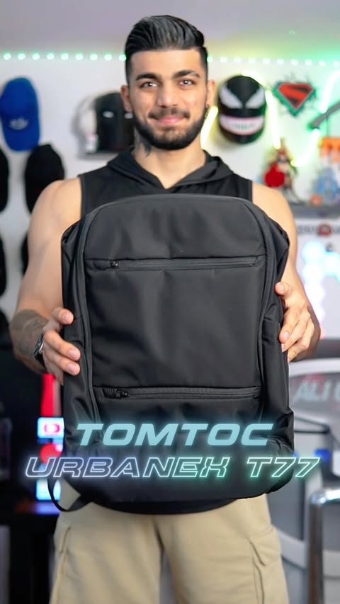 Instagram post by @uniiverse_tech for Tomtoc. Caption reads: tomtoc UrbanEX T77🔥 . The perfect backpack for....