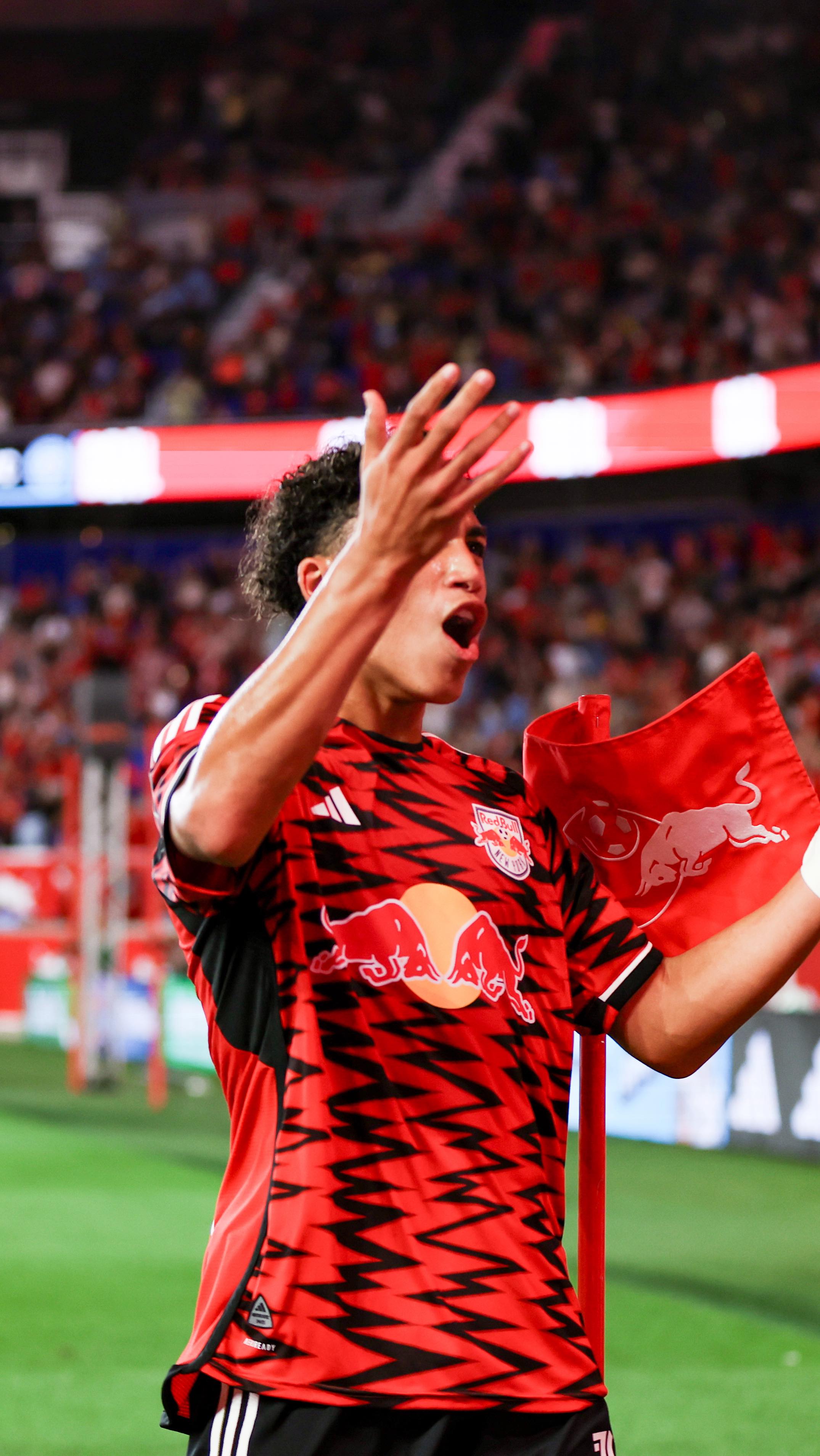 Instagram post by @newyorkredbulls for Audi USA. Caption reads: The feed from @mr.choupo ➡️ The finish from....