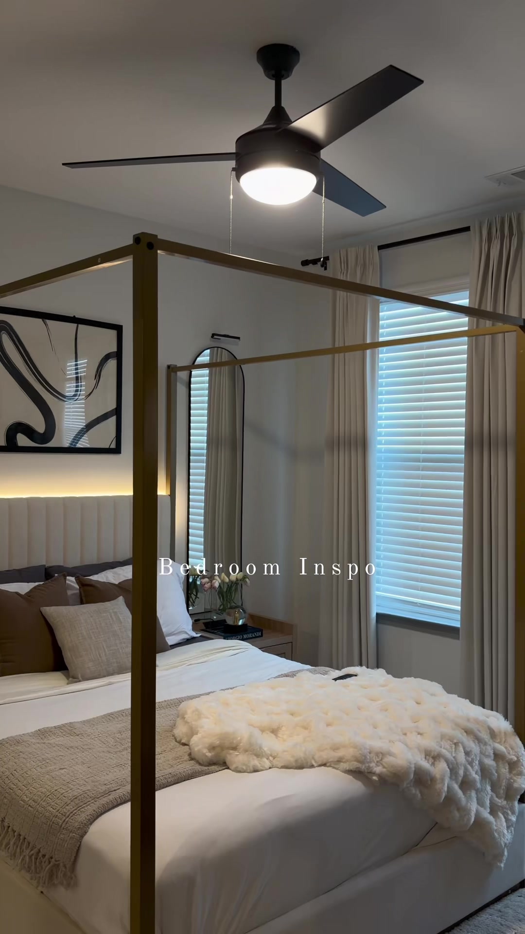 TikTok post by @lizstylez_ for Amazon. Caption reads: Luxury bedroom decor inspo ✨ Neutral tones, plush....