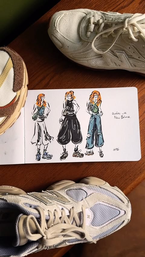 Instagram post by @drawingsofjoy_ for New Balance Lifestyle. Caption reads: [...] this week with @officeshoes....