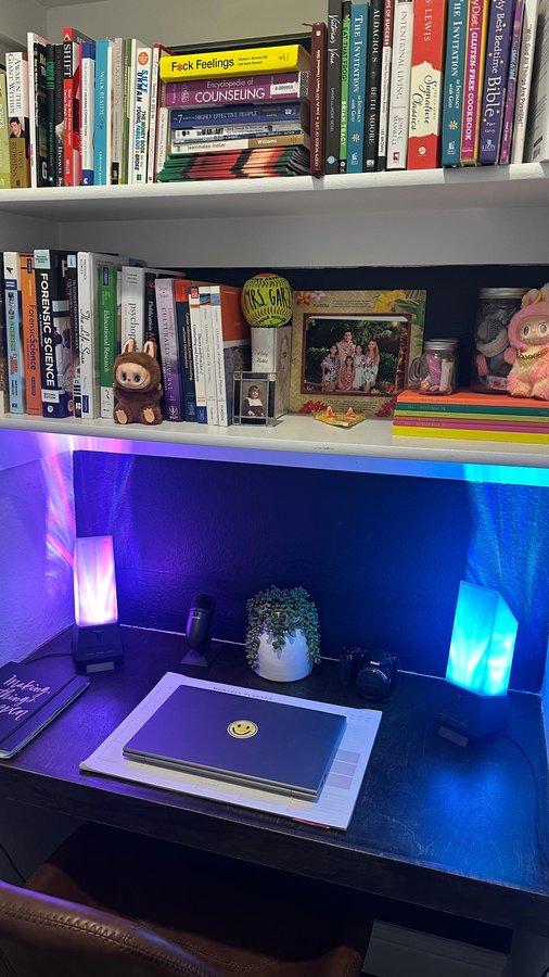 Instagram post by @notyouravg_mom for Enbrighten. Caption reads: Tidy desk. Better vibes.
 I added the Titan Galaxy....