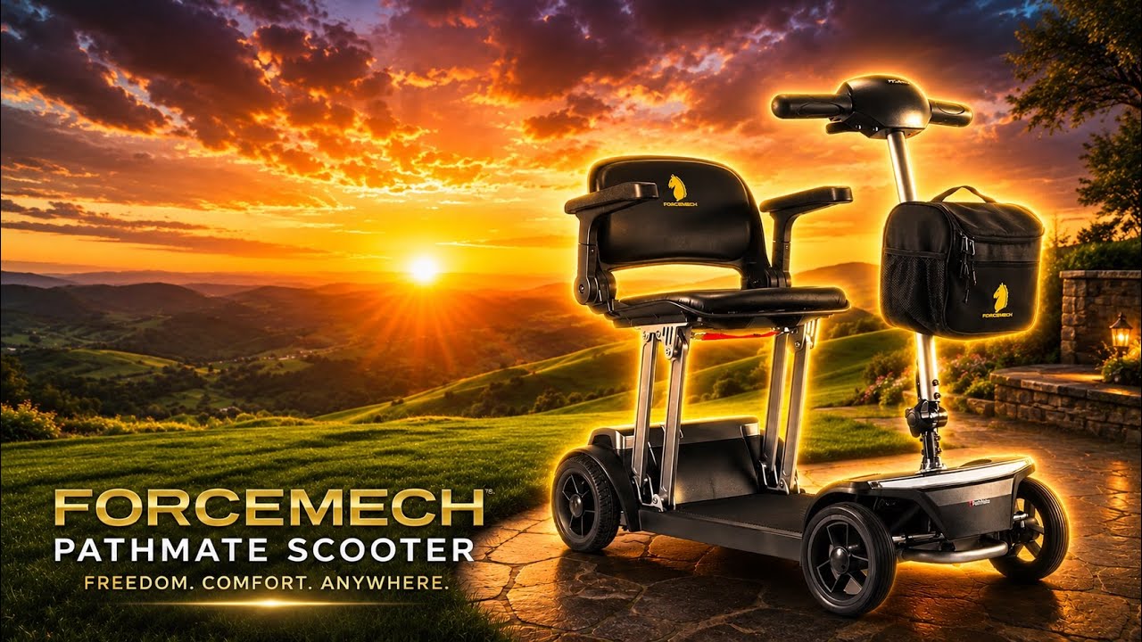 YouTube post by @911Reviews for GoodMood Boutique. Caption reads: Forcemech PathMate Scooter - Quick-Fold Design for....
