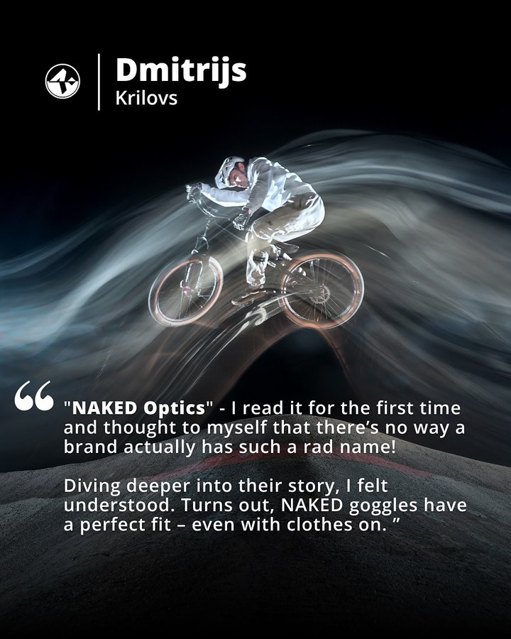 Instagram post by @dimakrilovs for NAKED Optics. Caption reads: Thanks for riding with us, @dmitry_krilovs – and....