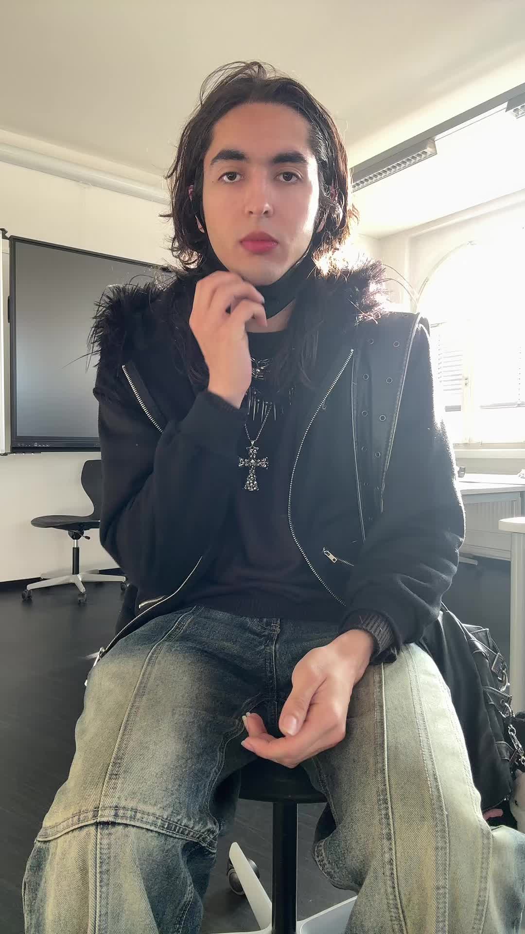 TikTok post by @arshia_._bk for Nevstudio. Caption reads: It is snowing 🌨️🧑🏻🖤 Clothes from @Nevstudio....