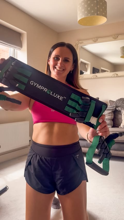 Instagram post by @hannah_zachary_and_mila for THE MUM CLUB. Caption reads: Home workouts just got easier 💪✨ My Gym Proluxe....