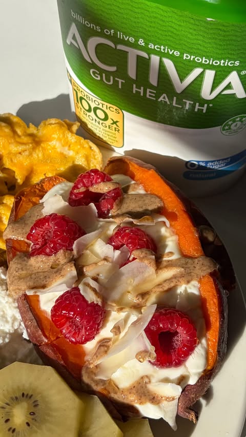 Instagram post by @veainthekitchen for Activia. Caption reads: [...] Ingredients: Baked sweet potato with....