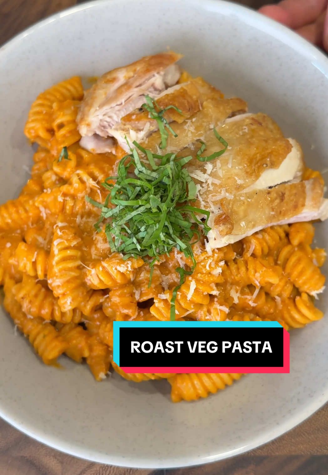 TikTok post by @dansfoodforthought for Barilla. Caption reads: Creamy Roasted Capscium & Tomato Pasta with Crispy....