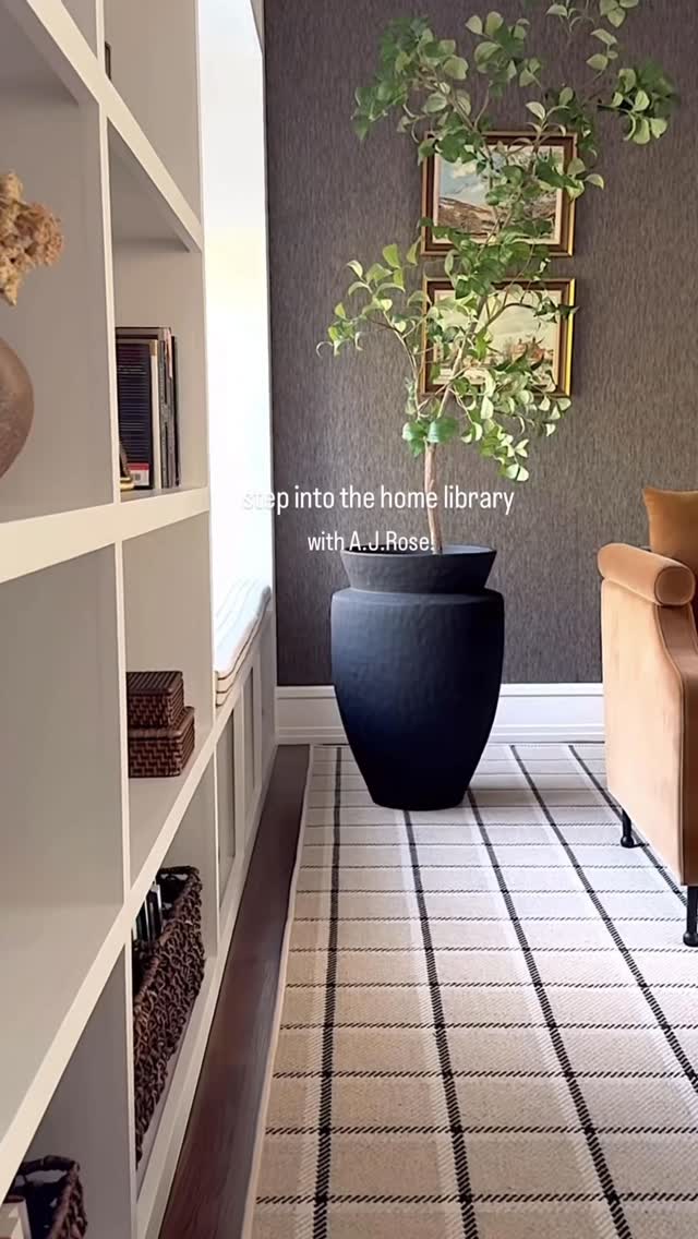 Instagram post by @kasiascreativespaces for Twopagescurtains. Caption reads: This home library design is all in the details—and....