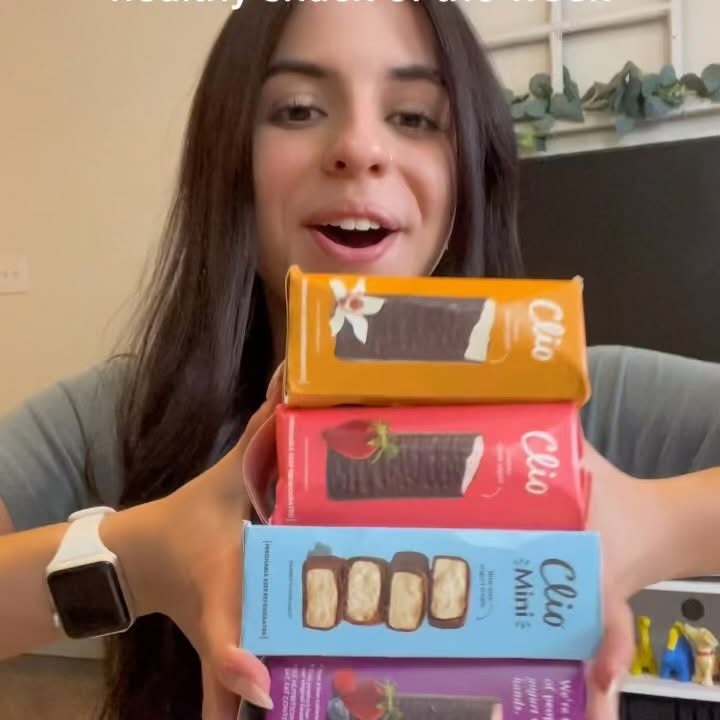 Instagram post by @karen_velderrain for Clio Snacks. Caption reads: healthy(ish) snack of the week: @cliosnacks greek....