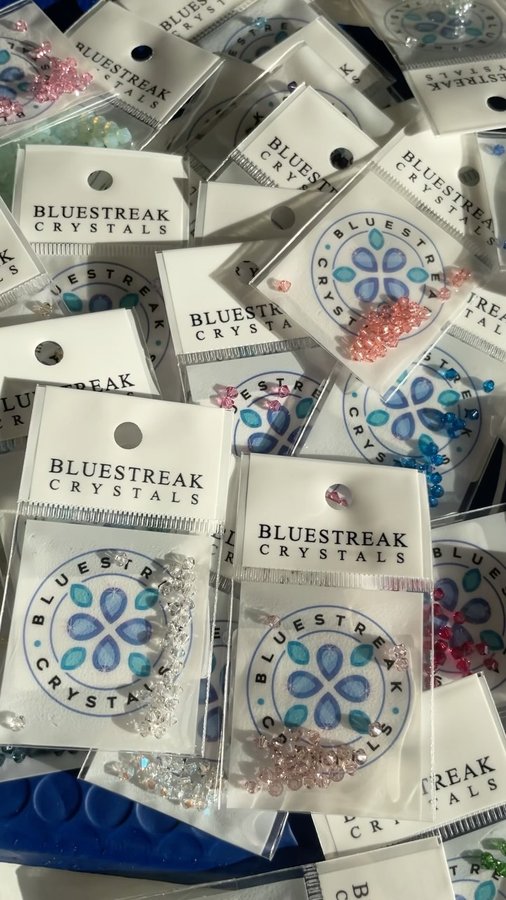 Instagram post by @olsjona for Bluestreak Crystals. Caption reads: [...] Serenity Bicone Beads from....