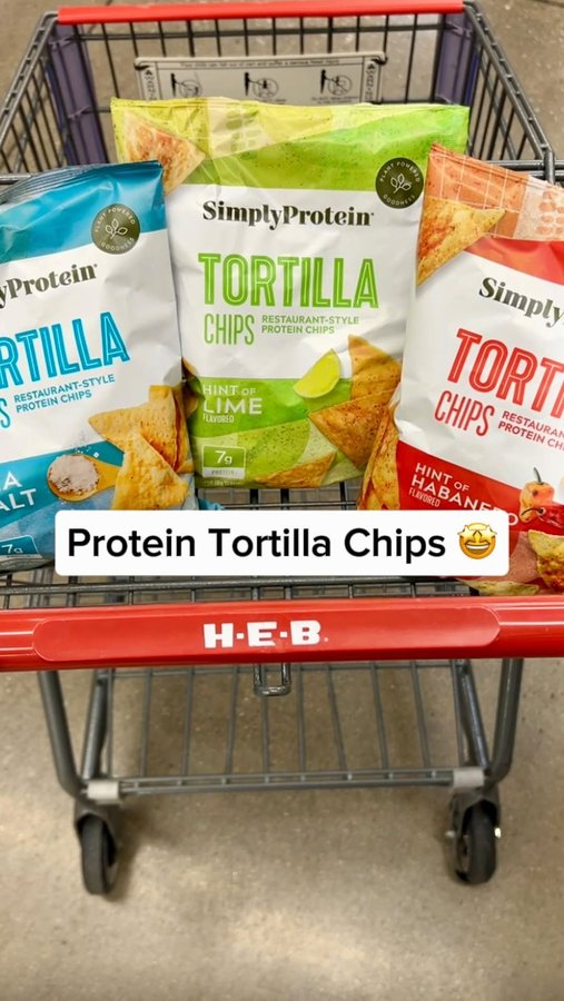 Instagram post by @grocery_obsessed for SimplyProtein. Caption reads: NEW Protein Tortilla Chips at HEB 🙌....
