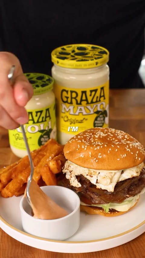 Instagram post by @louisgcooks for Graza. Caption reads: “H” is for Hamburger with @getgraza new mayo!....
