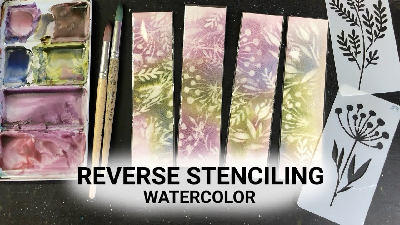 YouTube post by @KristaRobertsonArt for MEEDEN ART. Caption reads: Reverse Stenciling WATERCOLOR Bookmarks! - easy &....