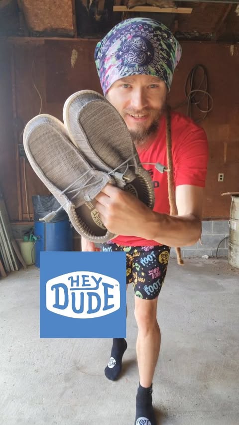 Instagram post by @hackysacktrav for HEYDUDE. Caption reads: @heydude now the official shoe of #hackysack with....
