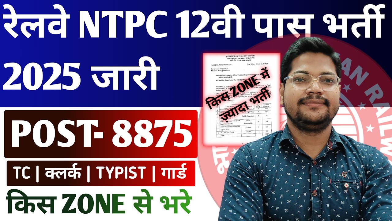 YouTube post by @MysmartTrick8 for Testbook. Caption reads: RRB Railway NTPC TC CLERK Typist New Vacancy 2025....