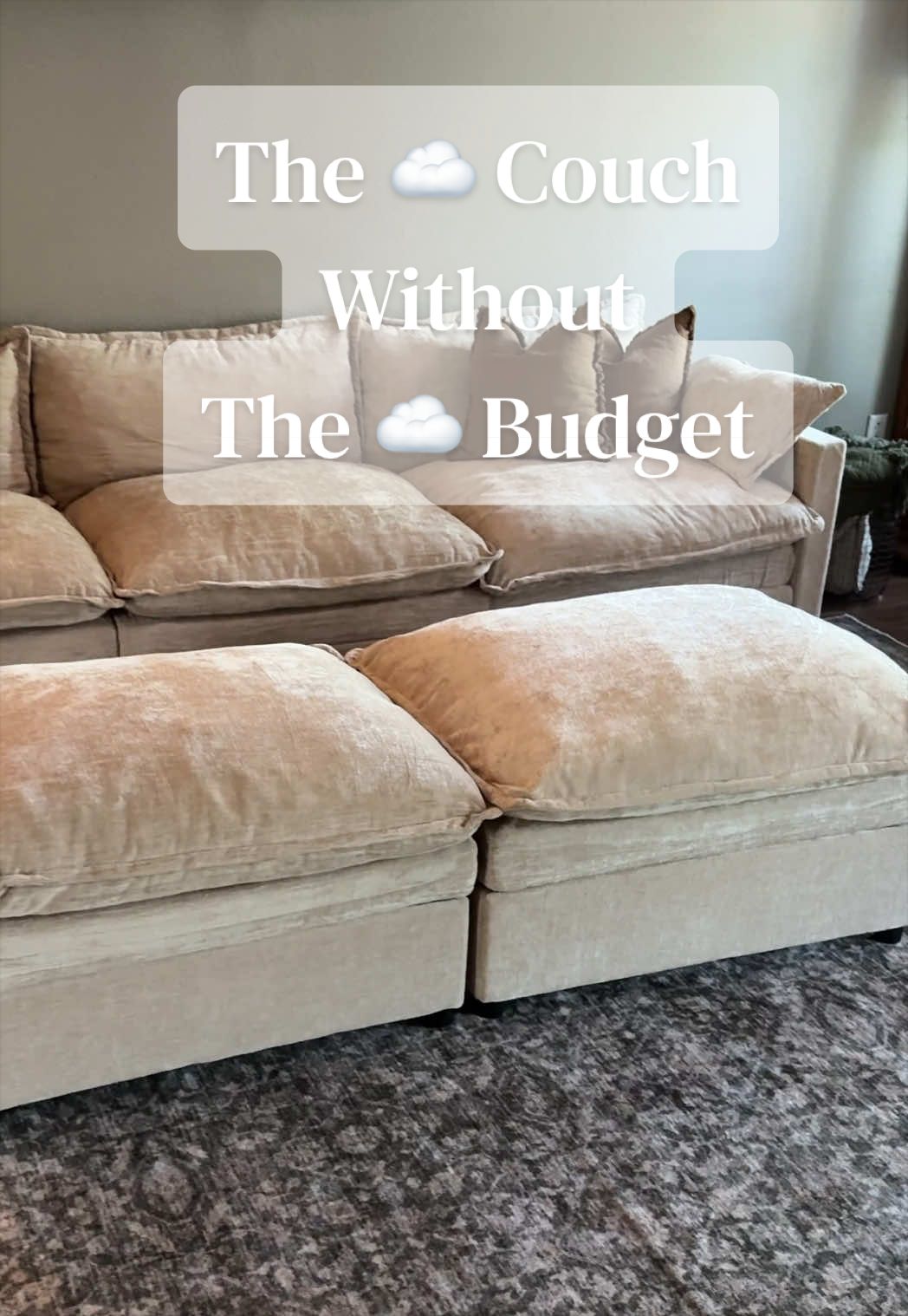 TikTok post by @maddie.brass for OVIOS OFFICIAL. Caption reads: Oatmeal chenille, modular ottomans, washable....