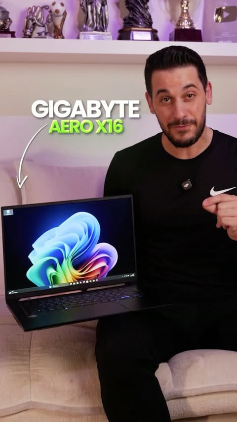 Instagram post by @mednasah for AORUS. Caption reads: [...] Discover the GIGABYTE AERO X16: @AMD....