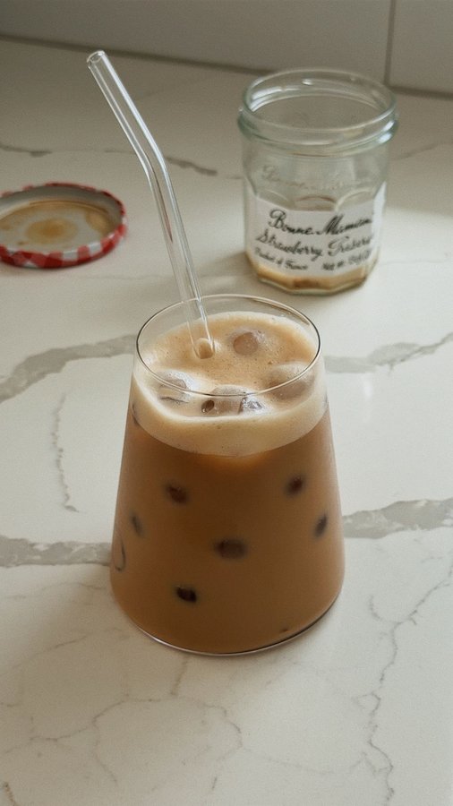 Instagram post by @stevenfingar for Bonne Maman. Caption reads: Empty jam jar shaken espresso ☕️

Whether you have....