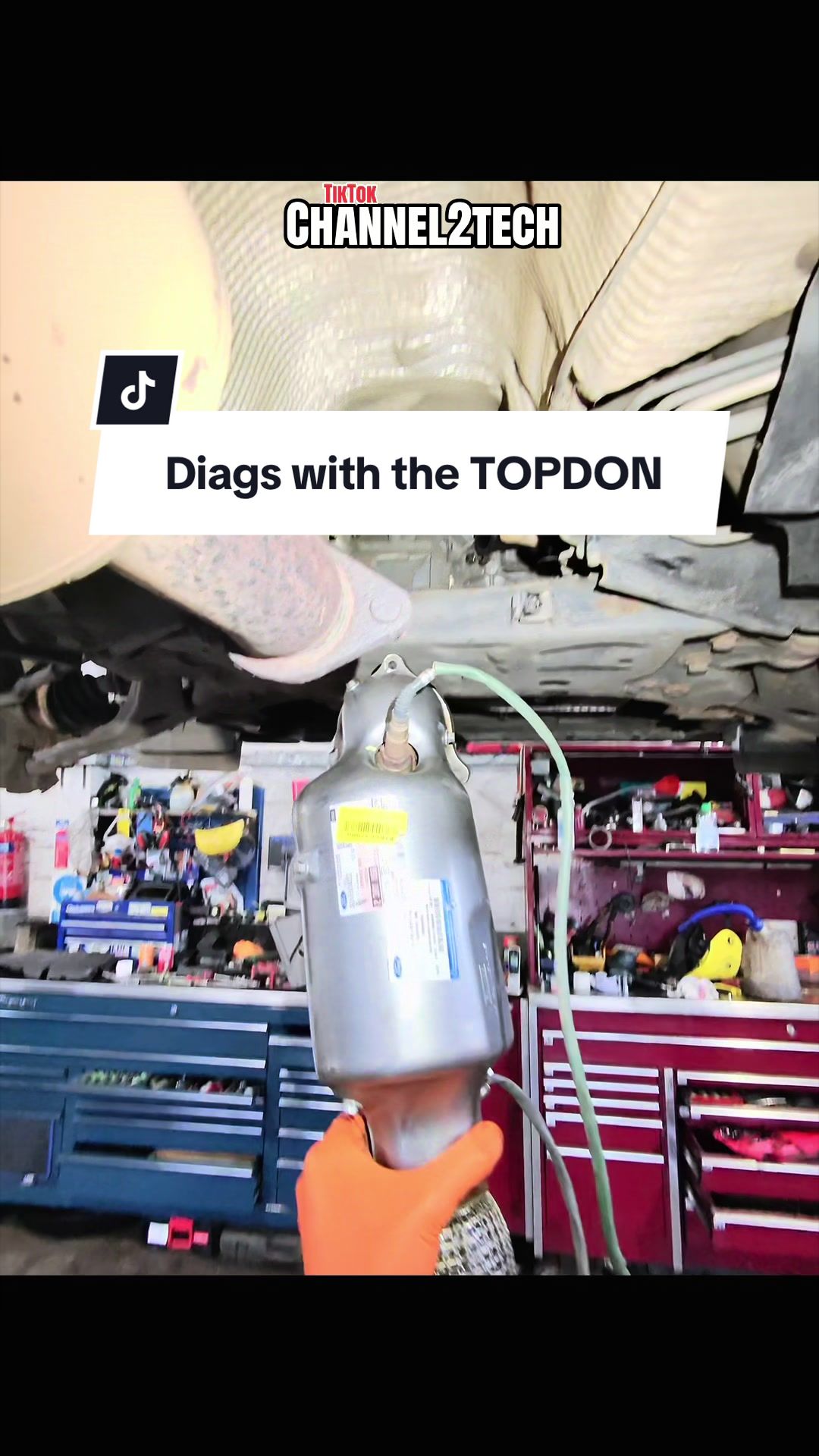 TikTok post by @channel2tech for Topdon. Caption reads: [...] #garage #repair #cars #tools #mechanic....