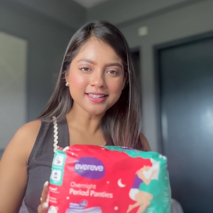 Instagram post by @bose_oindrilaofficial for Evereve. Caption reads: EVEREVE PERIOD PANTIES

Say goodbye to leaks,....