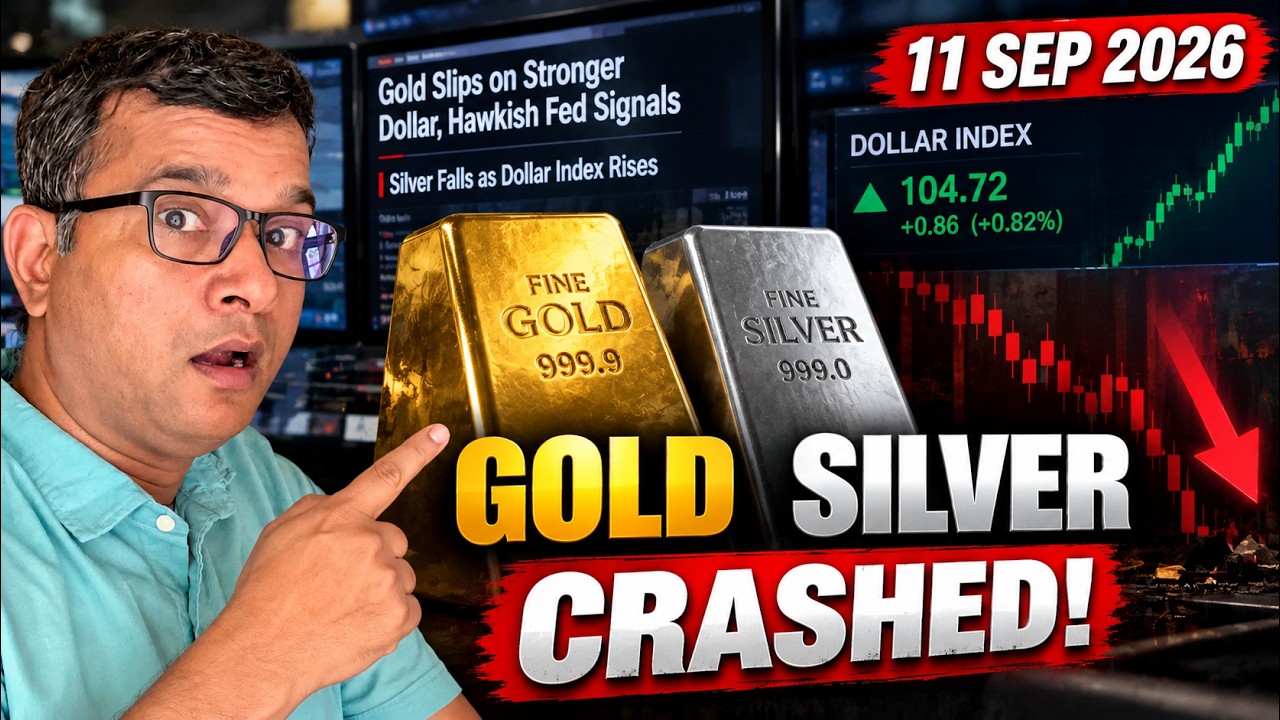YouTube post by @FundGuruji for CoinSwitch. Caption reads: 🔥 GOLD & SILVER CRASHED! 🚨 Dollar Index SURGES |....