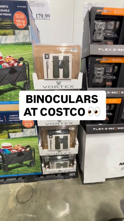 Instagram post by @costcofam4u for Vortex Optics. Caption reads: 👀 VORTEX Binoculars | Item #1664061|....