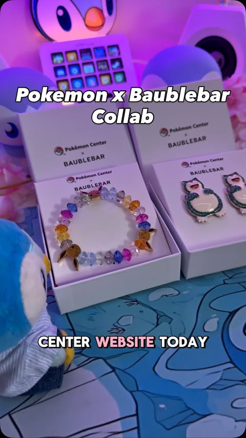 Instagram post by @piplup.gamer for BaubleBar. Caption reads: Pokemon x Baublebar 💎 Eevee Bracelet and Snorlax....