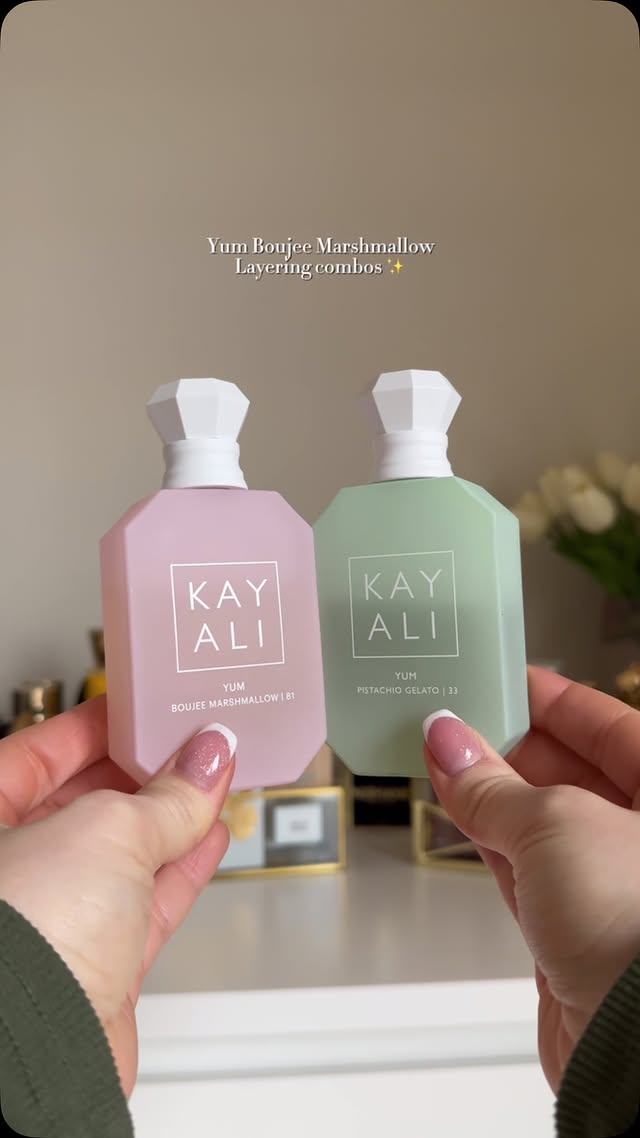 Instagram post by @fragrancezusje for Cacharel Parfums. Caption reads: @kayali Yum Boujee Marshmallow can be layered with....